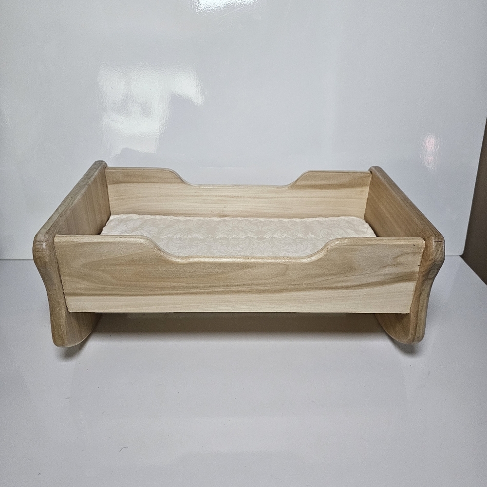 VINTAGE Solid Wood Rocking Doll Cradle + Mattress & Quilted Blanket